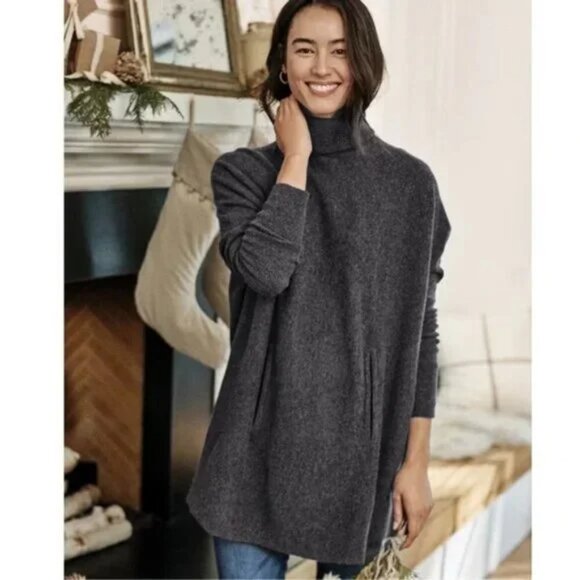 Garnet Hill Grey Merino Wool Cashmere Tunic Turtle Sweater Large - Picture 11 of 11